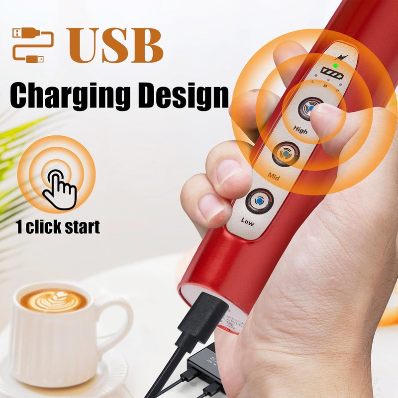 Nahida Red Milk Frother Wand for Coffee - Rechargeable Handheld Electric Whisk with 3 Heads, 3 Speeds - Drink Mixer for Latte, Cappuccino, Hot Chocolate - Image 2
